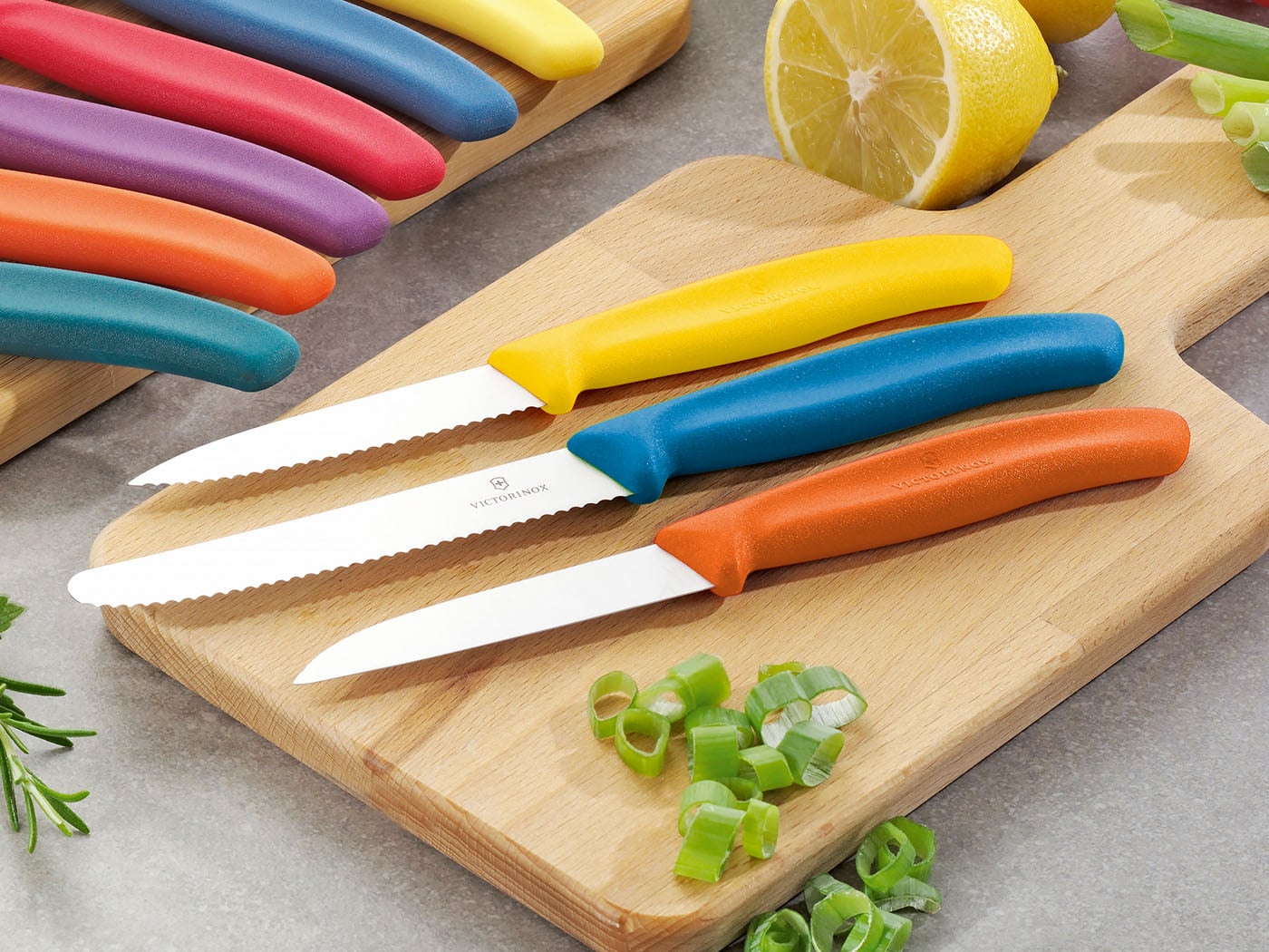 3 Stück Gemüsemesser TRIO gelb, orange, blau