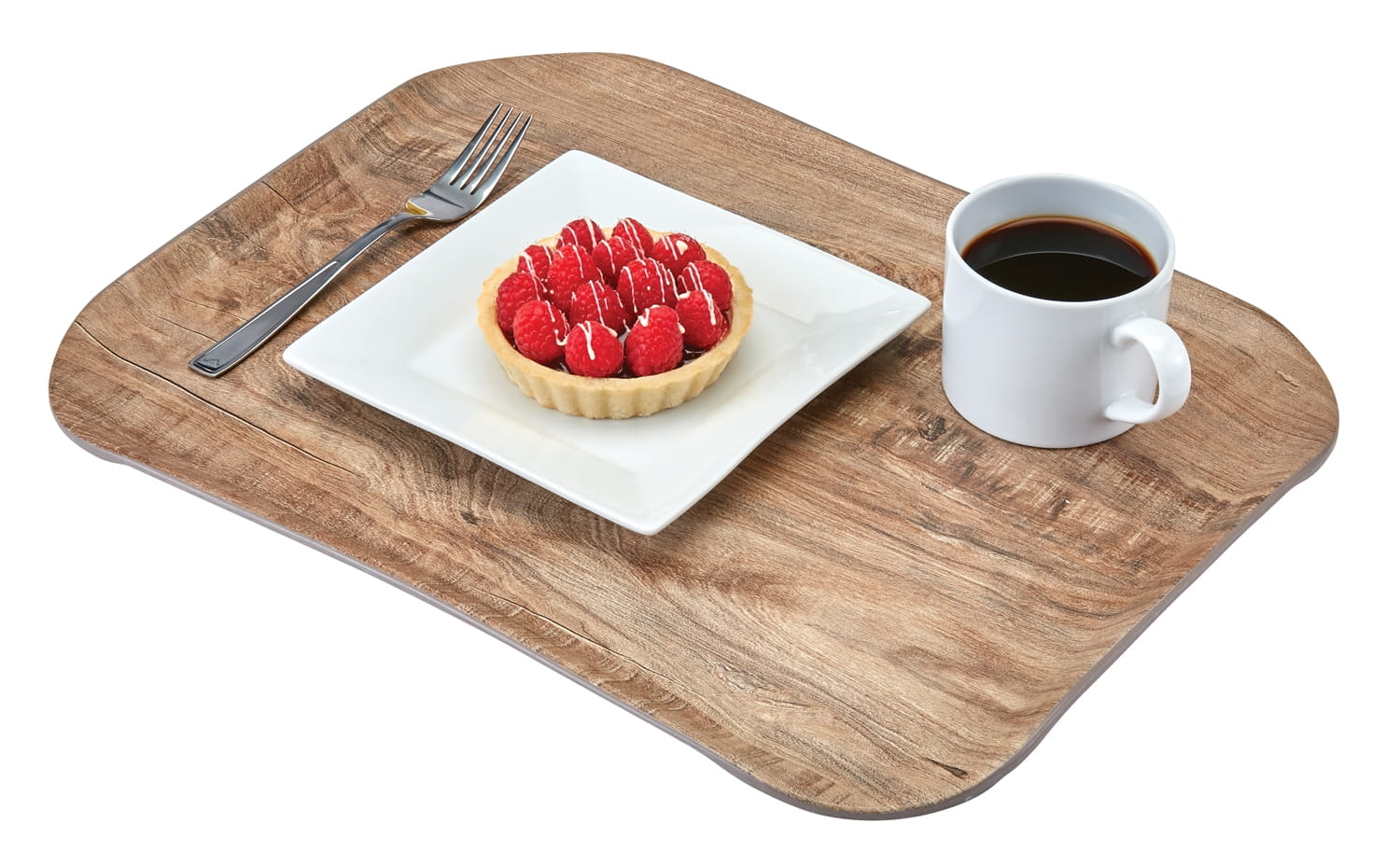 Tablett VTC 36x46cm texturiert hell oliv von Cambro mit Kaffee und Dessert, rechteckiges Serviertablett für Gastronomie