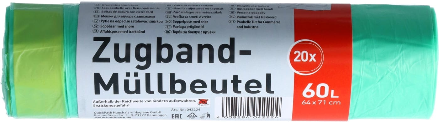 20 Stück Müllsäcke mit Zuziehband 60L QUICKPACK